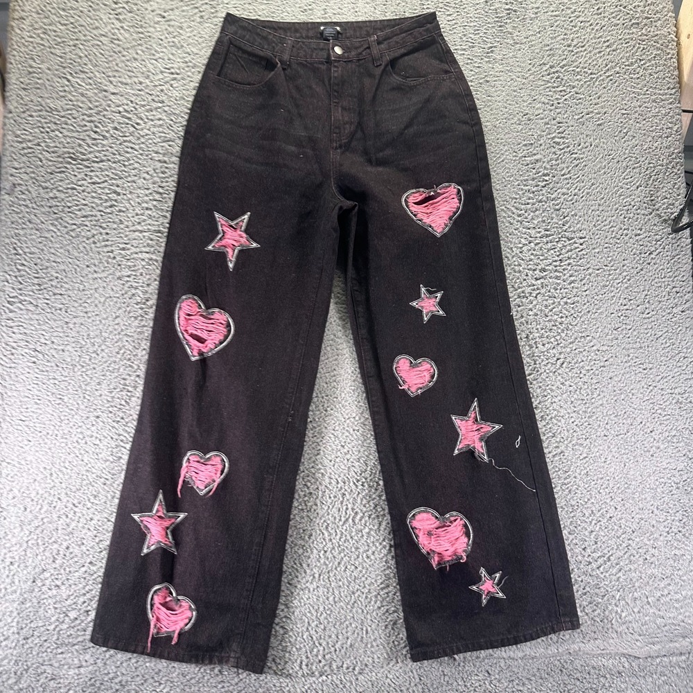 Hot Topic Jeans Women's L Black Cotton Denim Wide-Leg Heart Star Distressed